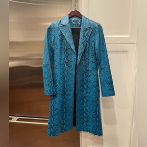 Alice + Olivia blue snakeskin print long leather coat. Great condition. Medium.